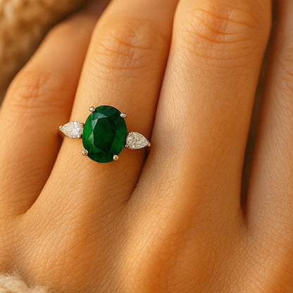 May Birthstone Jewelry, Green Oval Cut Gemstone Ring With Elegant Prong Setting In Precious Metal