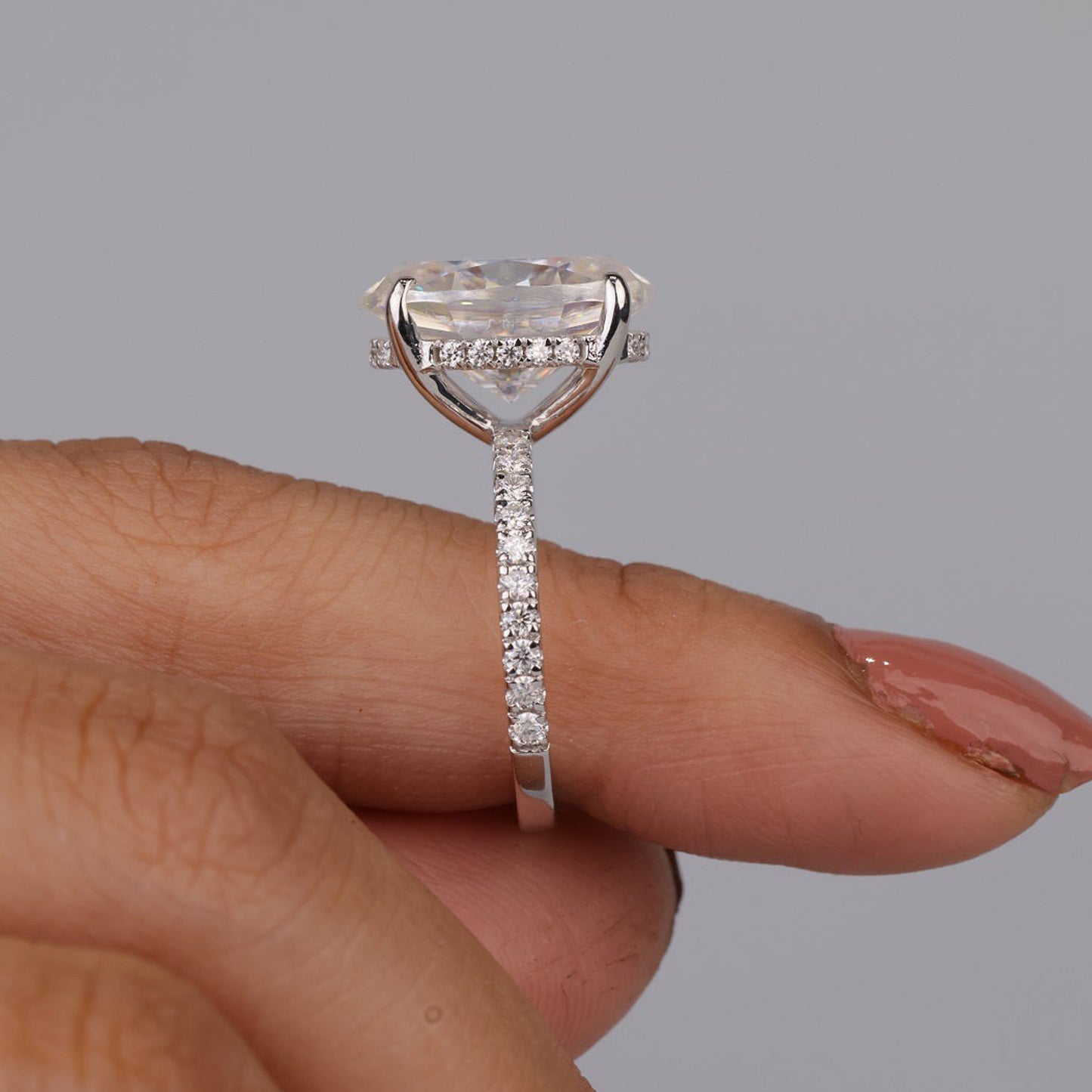 Moissanite Oval Engagement Ring, Halo Setting Gold Fine Jewelry With Brilliance