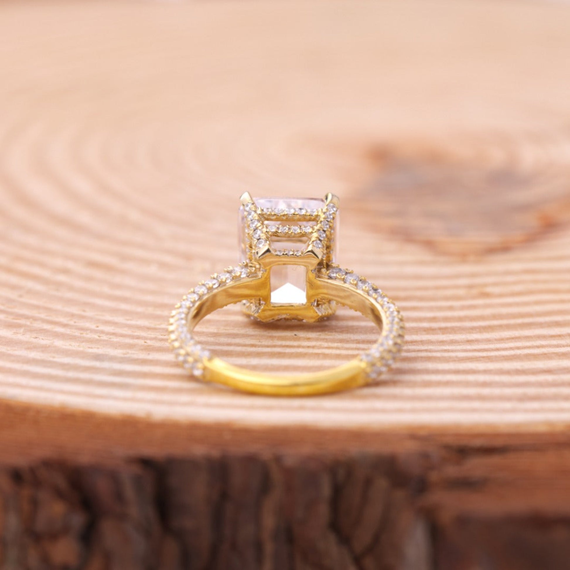 Elegant Emerald Moissanite Ring, Pavé Band Rose Gold Engagement Fine Jewelry