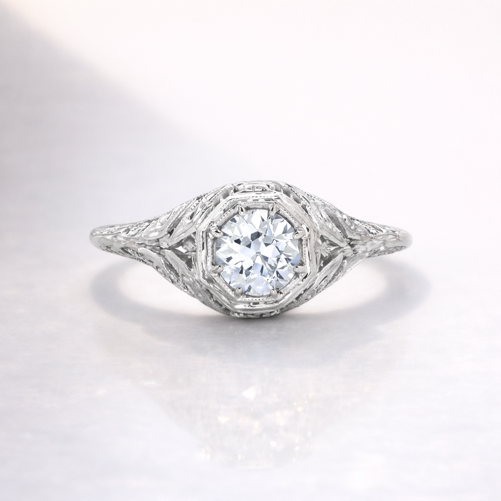 Vintage Old European Cut Diamond Moissanite Engagement Ring In White Gold

