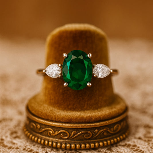 Oval Cut Emerald Green Gemstone Ring, May Birthstone Jewelry With Classic Prong Setting In Gold Or Silver