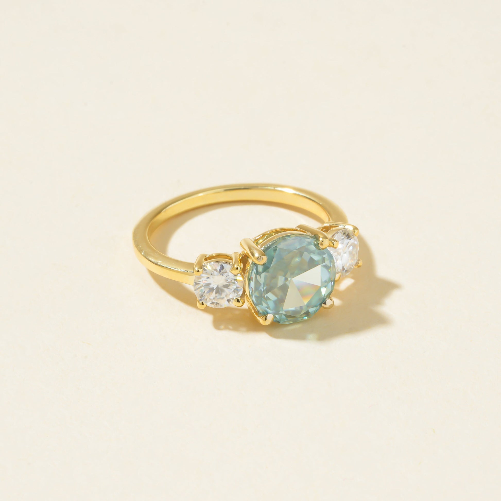 Elegant Aquamarine Ring, Trio Stone Moissanite 14K Gold Promise Fine Jewelry March Birthstone