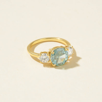 Elegant Aquamarine Ring, Trio Stone Moissanite 14K Gold Promise Fine Jewelry March Birthstone