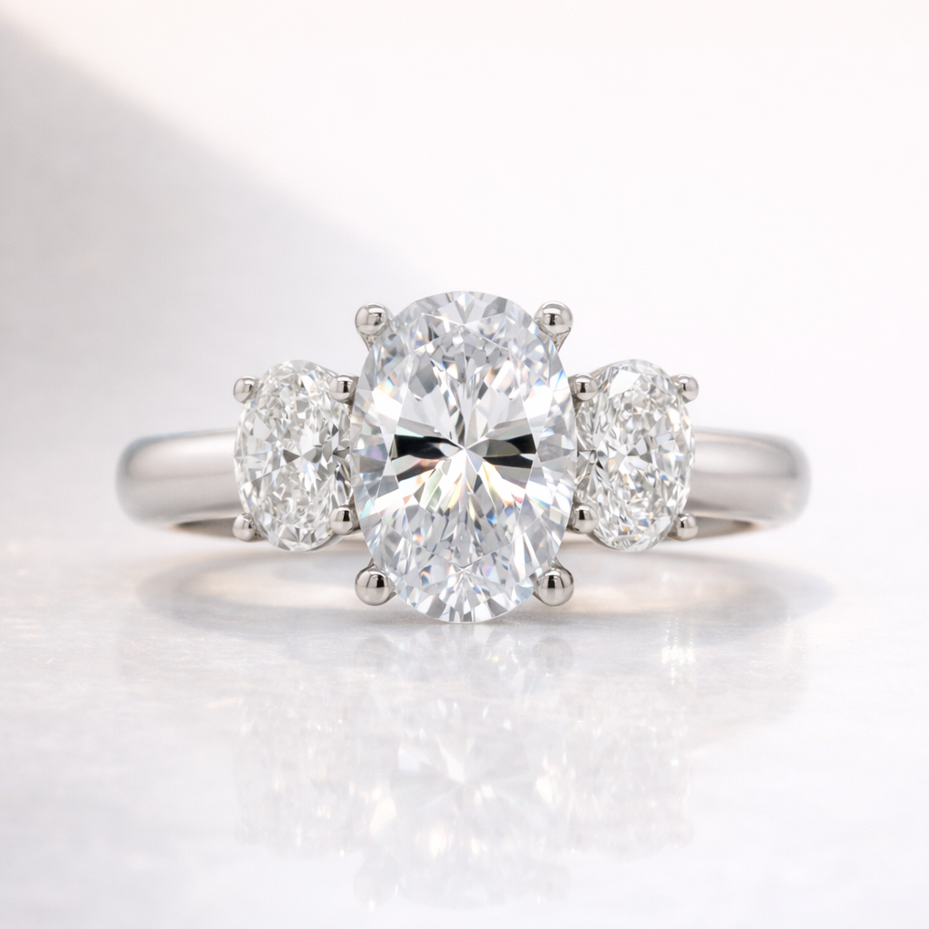 Oval Cut Three Stone Engagement Ring With Classic Prong Setting
