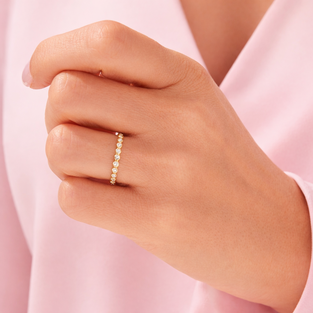 Women's Eternity Wedding Band Round Cut Moissanite And Diamond Bezel Set Band.
