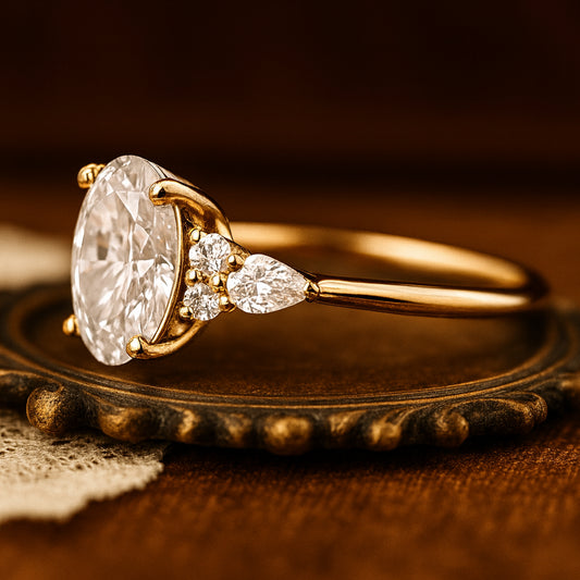 Oval Peridot Green Moissanite Three Stone Engagement Ring For August Born Brides In Gold Setting