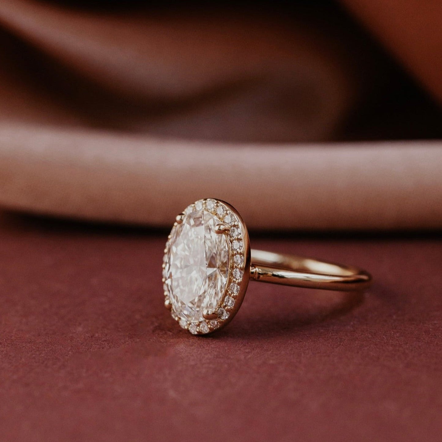 Moissanite Oval Halo Pave Engagement Ring, Rose Gold Fine Jewelry With Elegant Setting And Fire