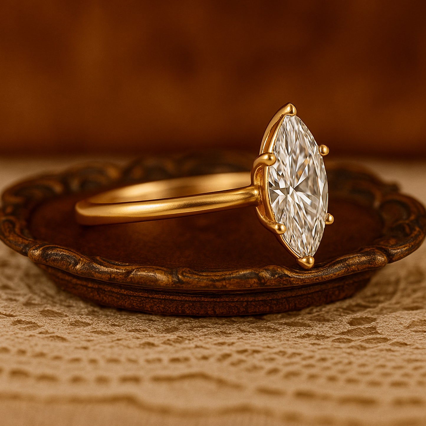 Elegant Women's Yellow Gold Marquise Moissanite Solitaire Ring With Brilliant Diamond-Like Sparkle