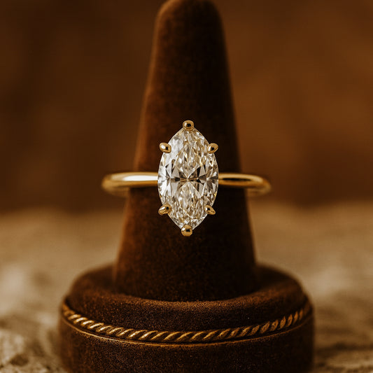 Women's Luxury Marquise Cut Moissanite Ring For Her With Diamond-Like Sparkle In Elegant Gold Setting.