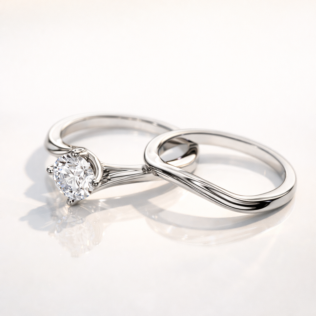 Curved wedding band paired with swirl solitaire ring
