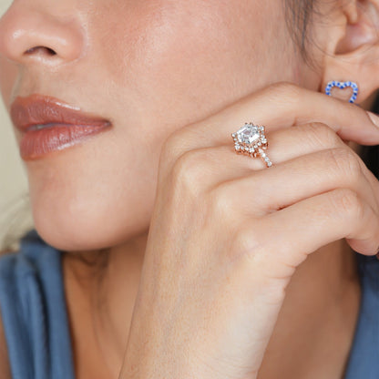 Asscher Cut Moissanite Ring, 1ct Hexagon Halo Rose Gold Engagement Fine Jewelry With Elegance