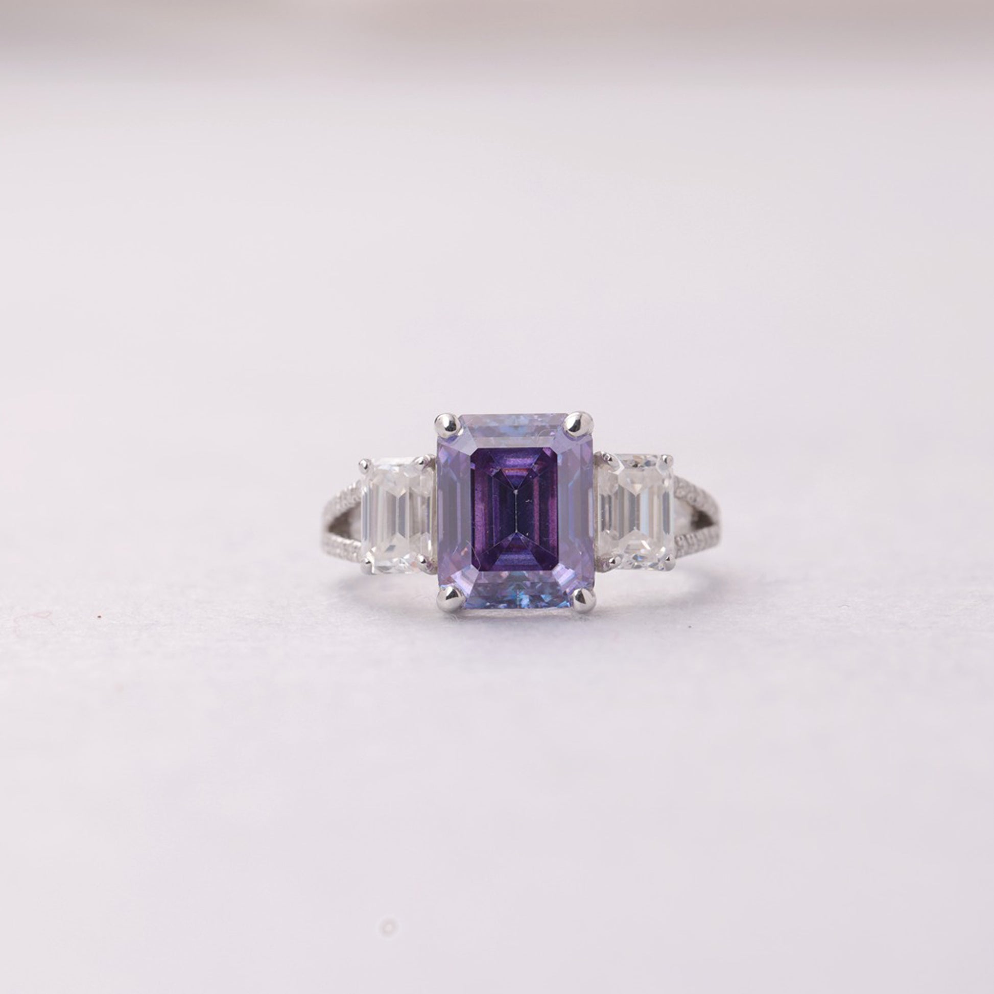 Moissanite Purple Stone Ring, Three-Stone White Gold Engagement Fine Jewelry With Romantic Appeal 