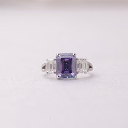 Moissanite Purple Stone Ring, Three-Stone White Gold Engagement Fine Jewelry With Romantic Appeal 