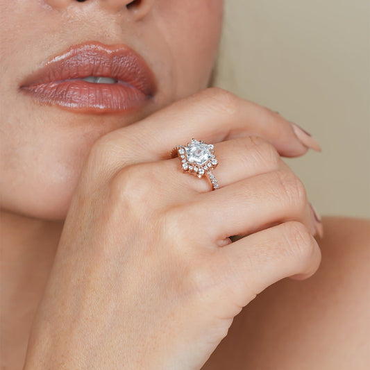Moissanite Asscher Engagement Ring, Hexagon Halo Rose Gold Fine Jewelry With Brilliance