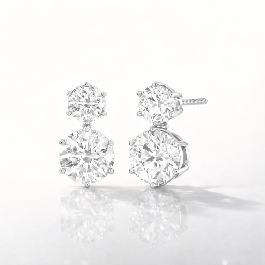 Luxurious Two Stone Round Cut Diamond Earrings In Yellow White Or Rose Gold
