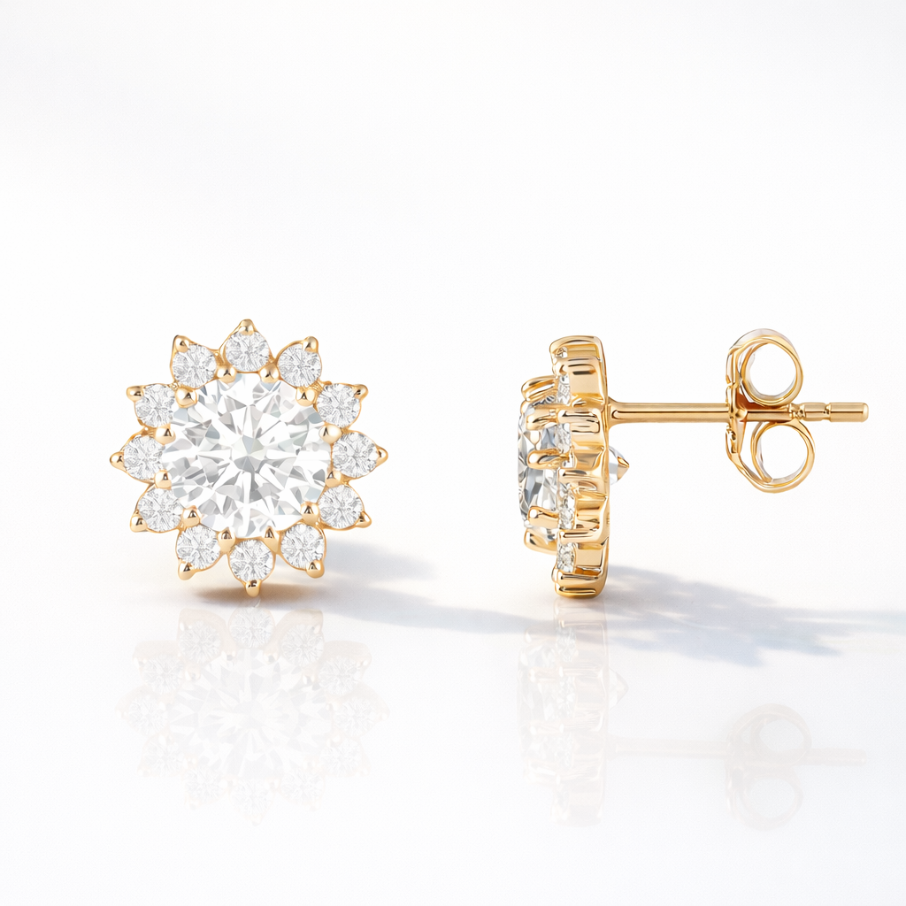 Elegant Diamond Stud Earrings With Round Cut Diamonds And Halo Setting
