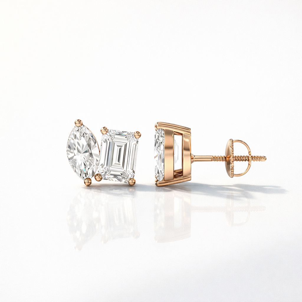 Marquise And Emerald Cut Diamond Earrings In White, Yellow, Or Rose Gold
