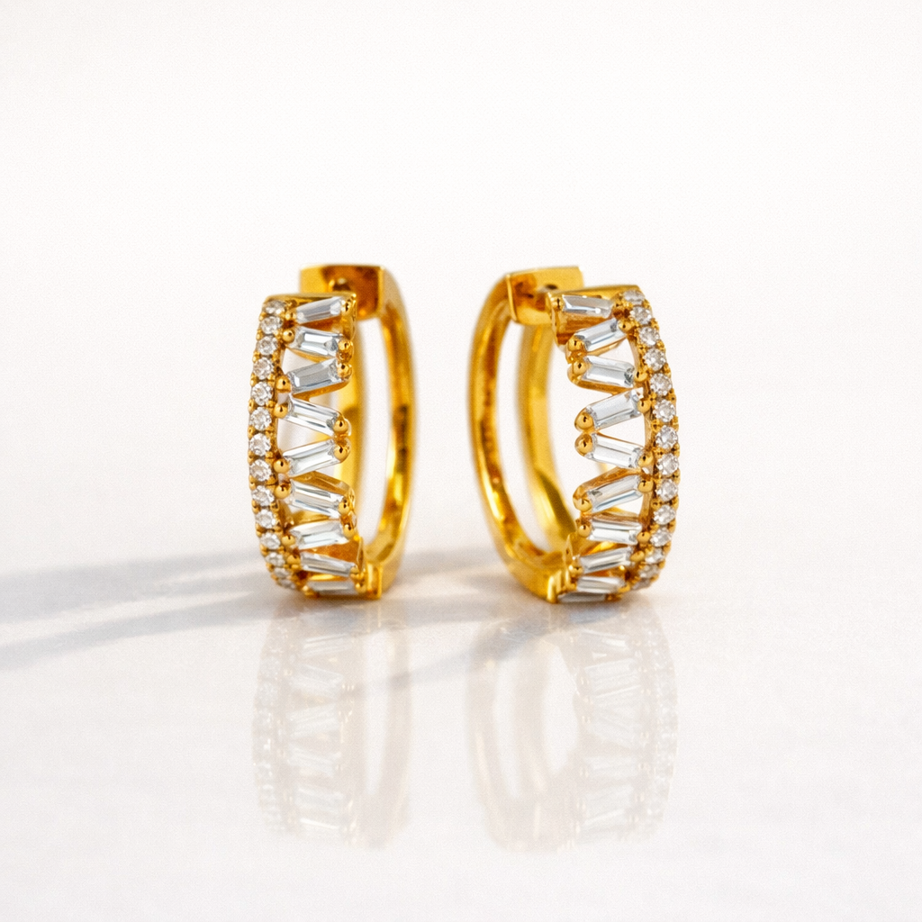 Gold Hoop Earrings With Baguette And Round Diamond Design
