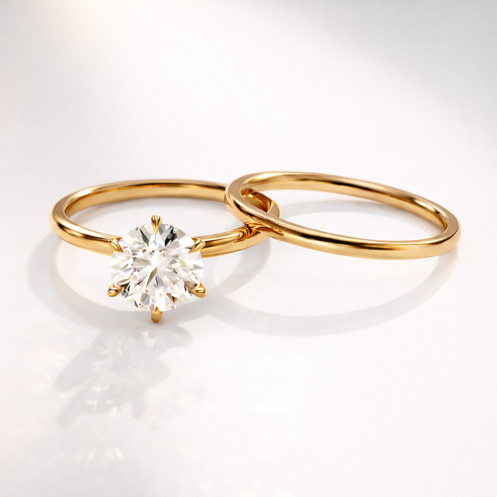 Yellow gold solitaire engagement ring wedding band set
