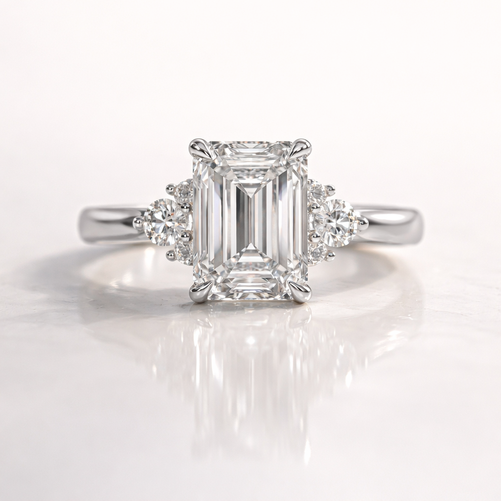 Emerald Cluster Ring With Round Cut Side Stones In Gold Setting
