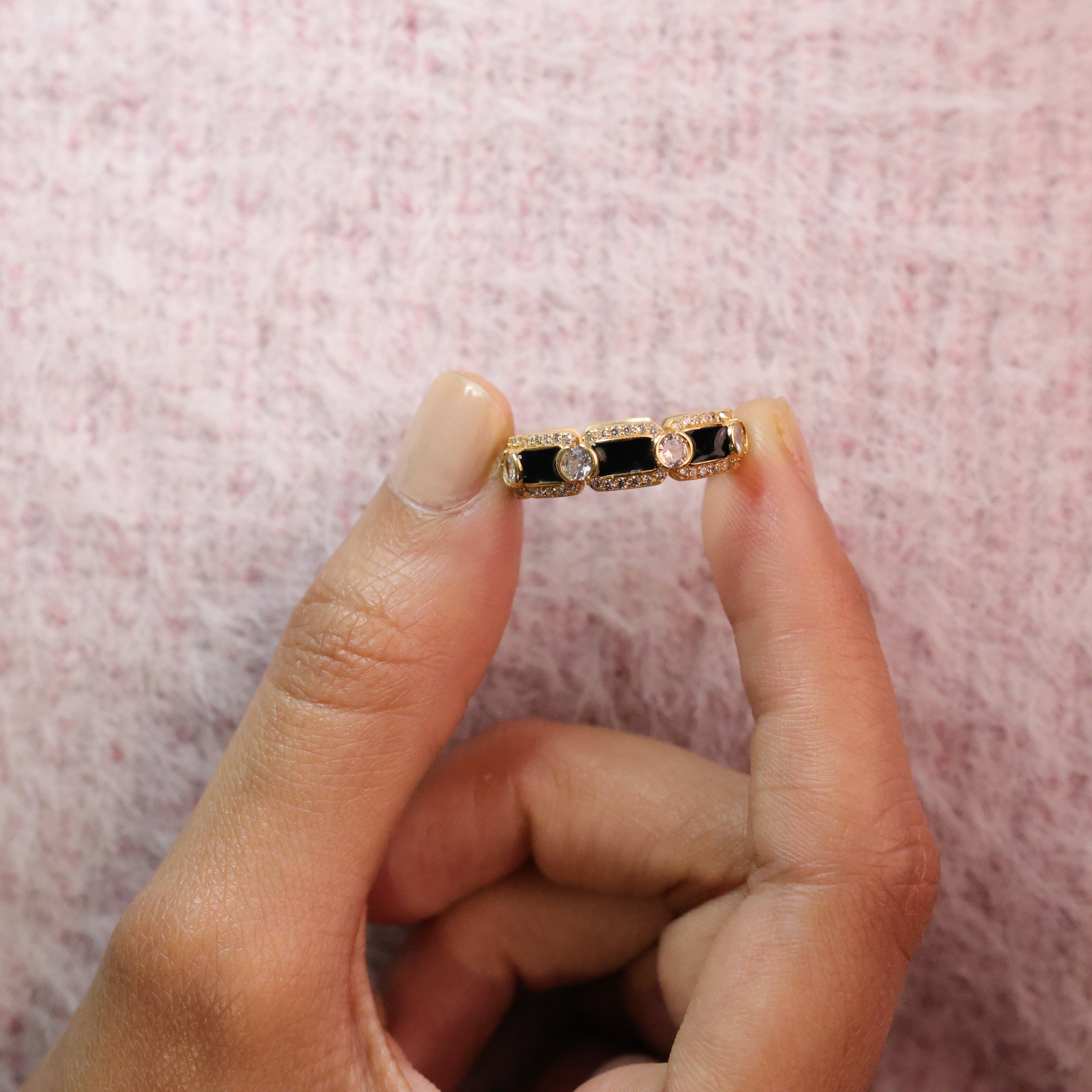 Custom Jewelry Black Enamel Panels Round Cut Diamond Wedding Band.
