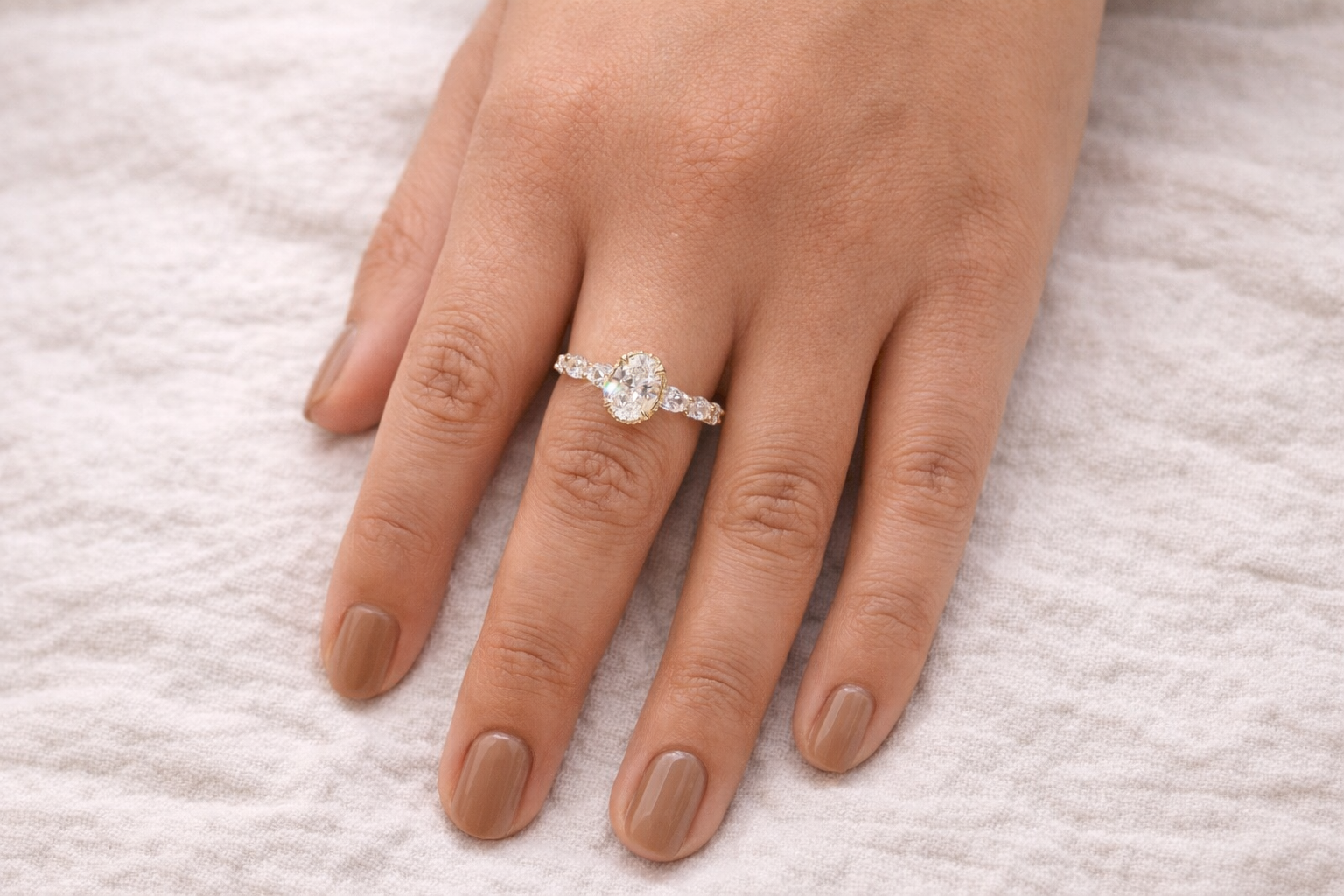 Oval Hidden Halo Engagement Ring Seven Stone Oval Cut Side Stone.
