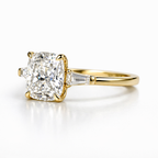 Three Stone Ring With Cushion Cut Diamond And Four Claw Prong Setting
