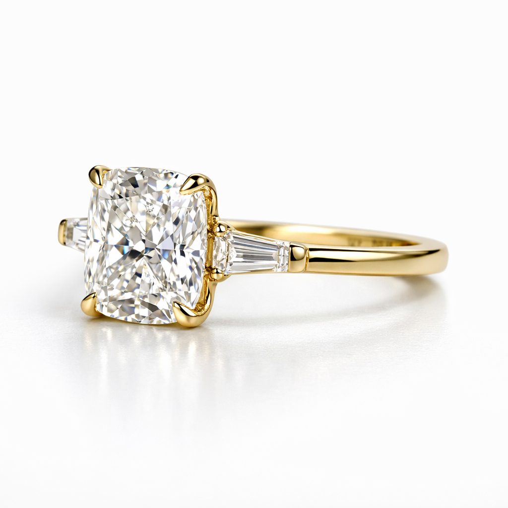 Three Stone Ring With Cushion Cut Diamond And Four Claw Prong Setting
