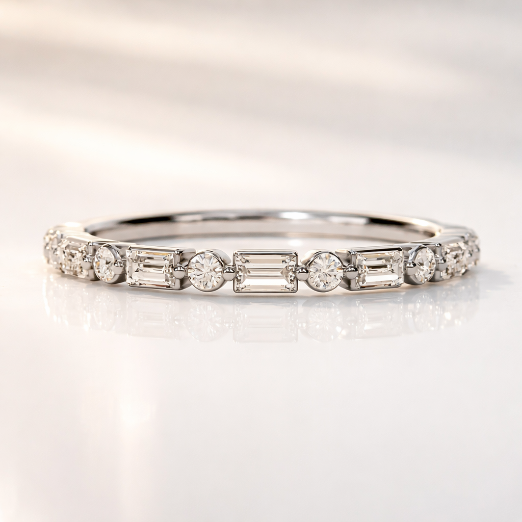 Dainty Round And Baguette Cut Wedding Band With Elegant Gold Finish
