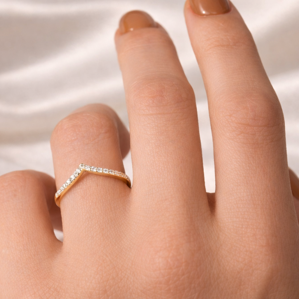 Thin Wedding Band V Shaped Design With Round Cut Diamond Accents
