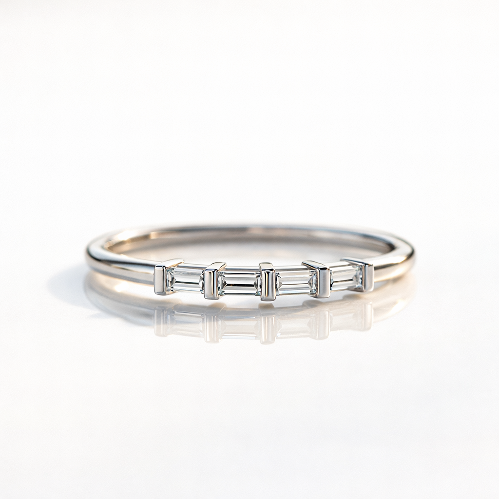 Delicate Baguette Cut Moissanite Wedding Band In Gold
