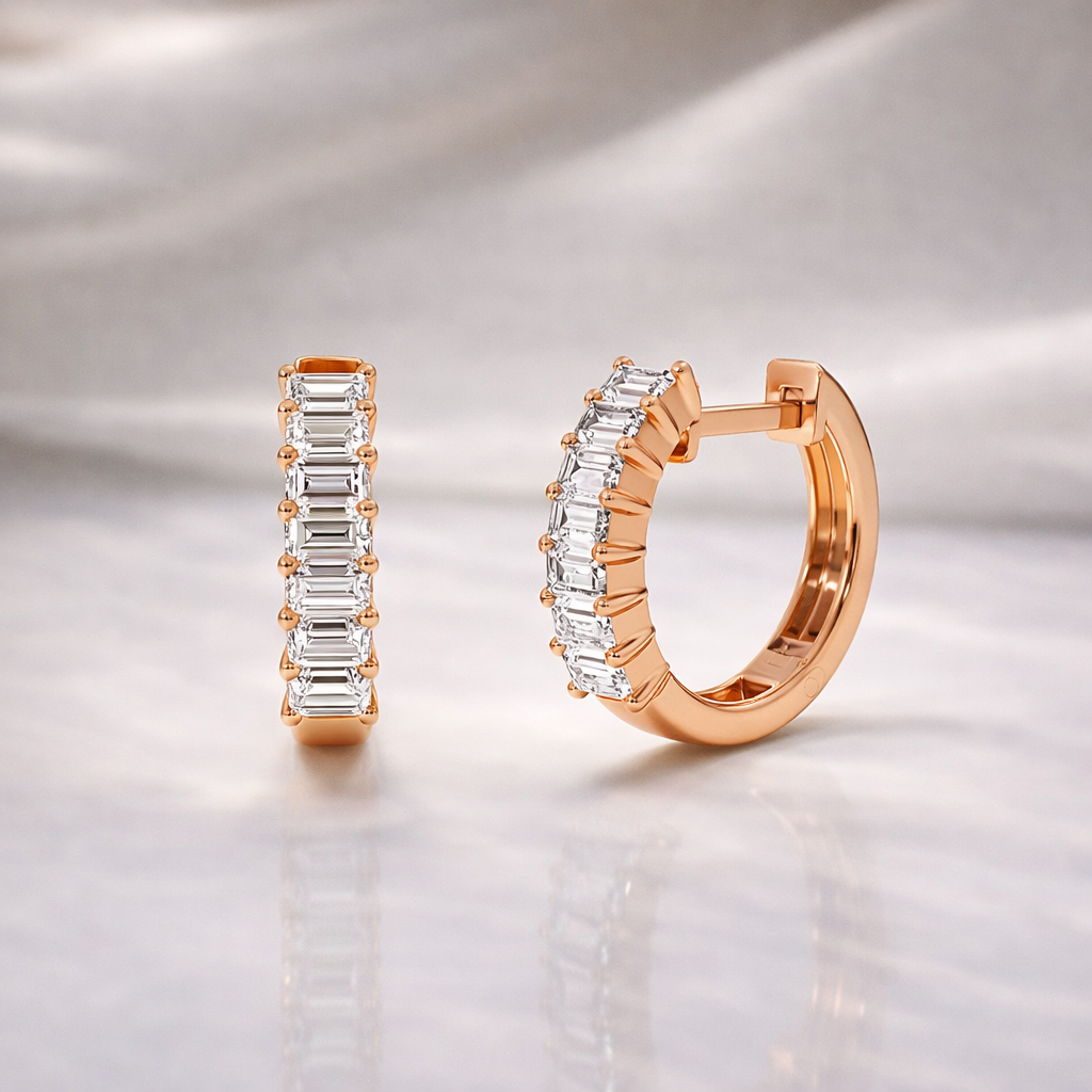Yellow Gold Earrings Baguette Cut Earrings Diamond Huggies
