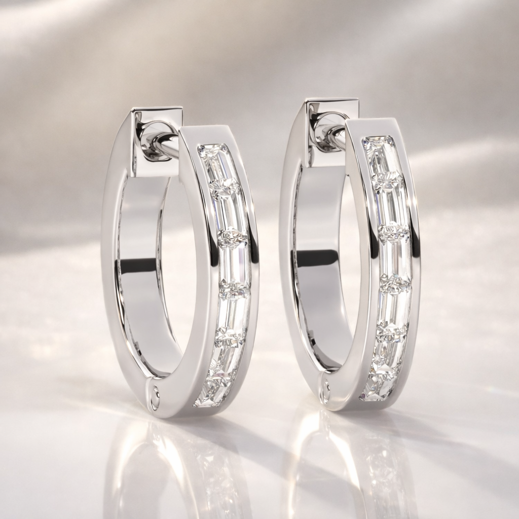 Solid Gold Huggie Earrings Baguette Cut Moissanite Earrings
