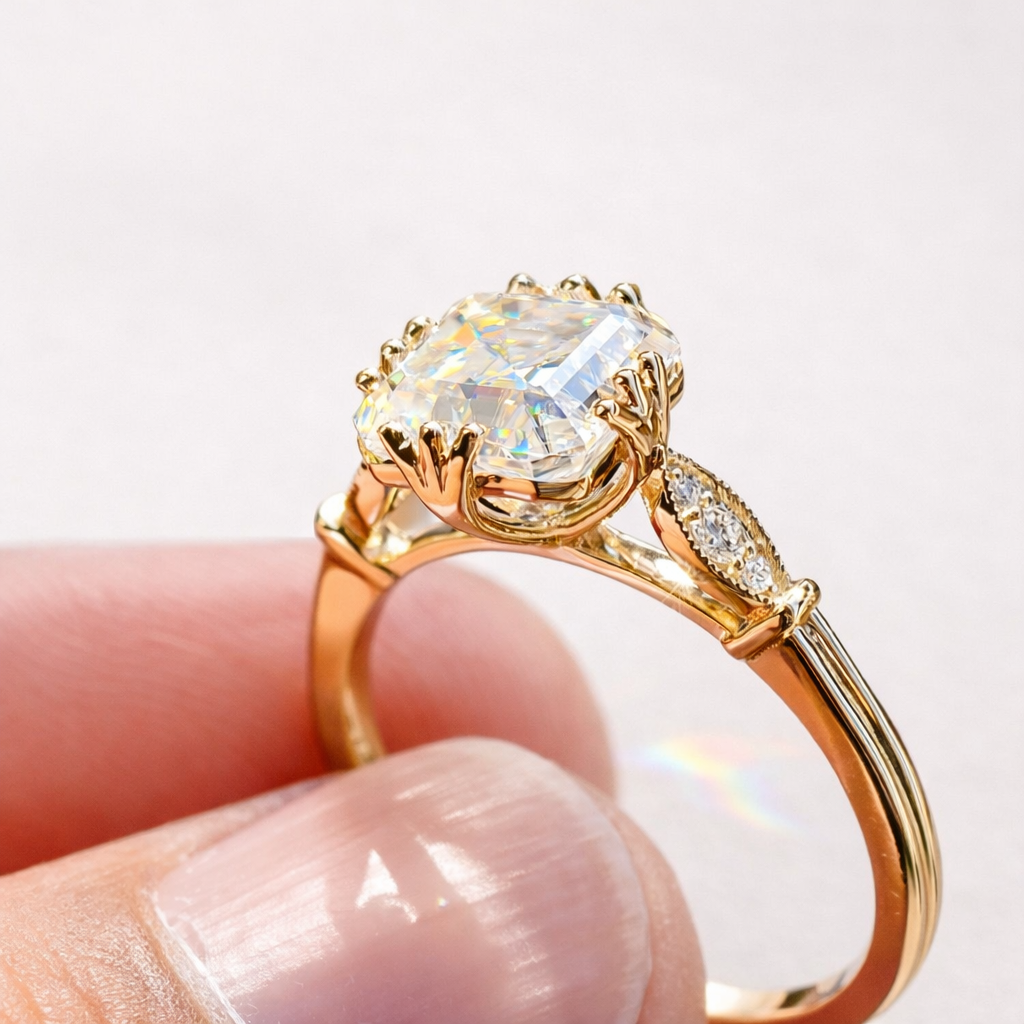 Asscher Cut Diamond Engagement Ring Vintage Looking Yellow Gold Fishtail Prong Setting.
