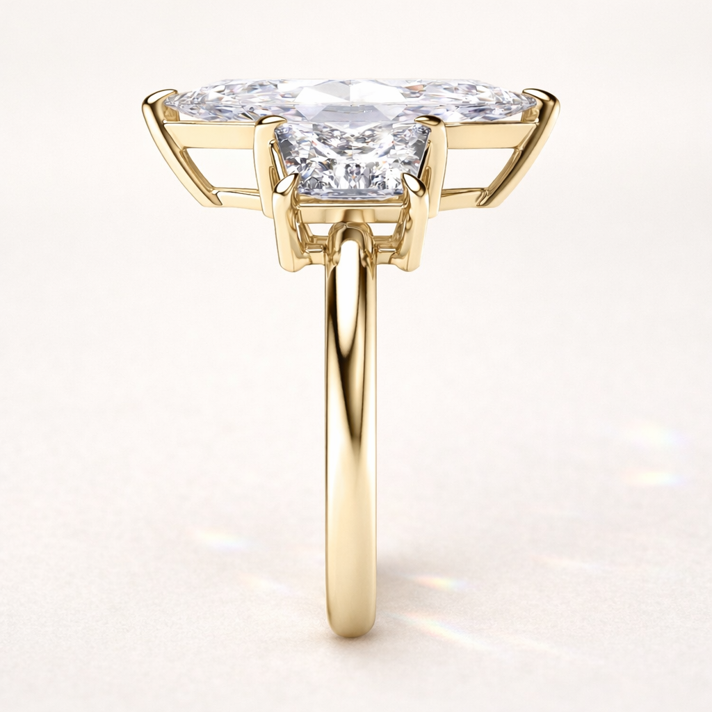 Moissanite Engagement Ring Featuring Three Round Cut Stones And Milgrain Detail
