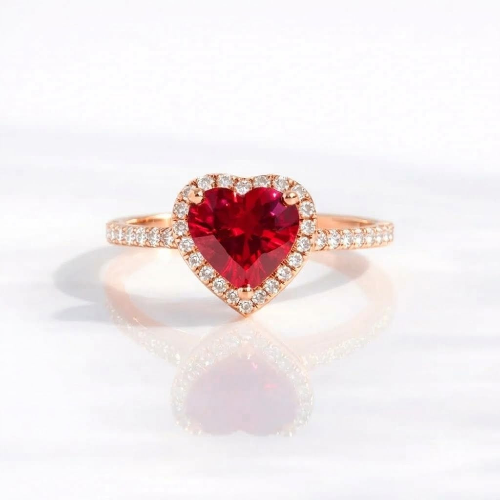 A heart-shaped red gemstone ring with a double halo of small clear stones on a rose gold band, set against a bright white background with a soft reflection.