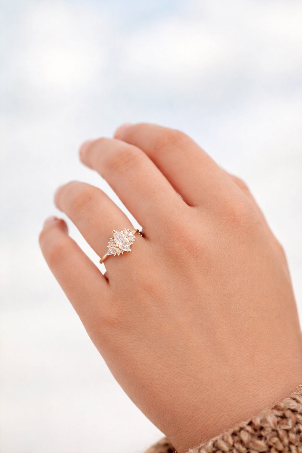 Yellow Gold Marquise Cut Engagement Ring With Cluster Setting
