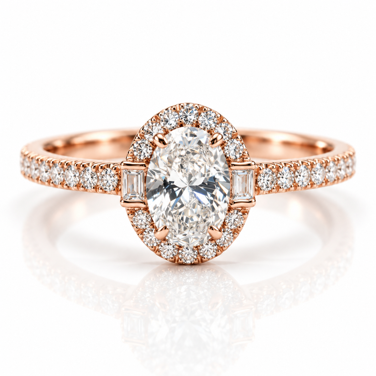Rose Gold oval-cut engagement ring with diamond halo, baguette side stones, and pavé diamond band
