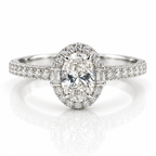 18K rose gold vermeil oval-cut engagement ring with diamond halo, baguette side stones, and pavé diamond band