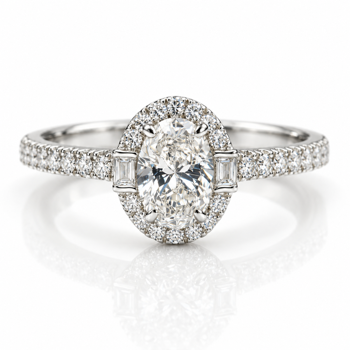18K rose gold vermeil oval-cut engagement ring with diamond halo, baguette side stones, and pavé diamond band