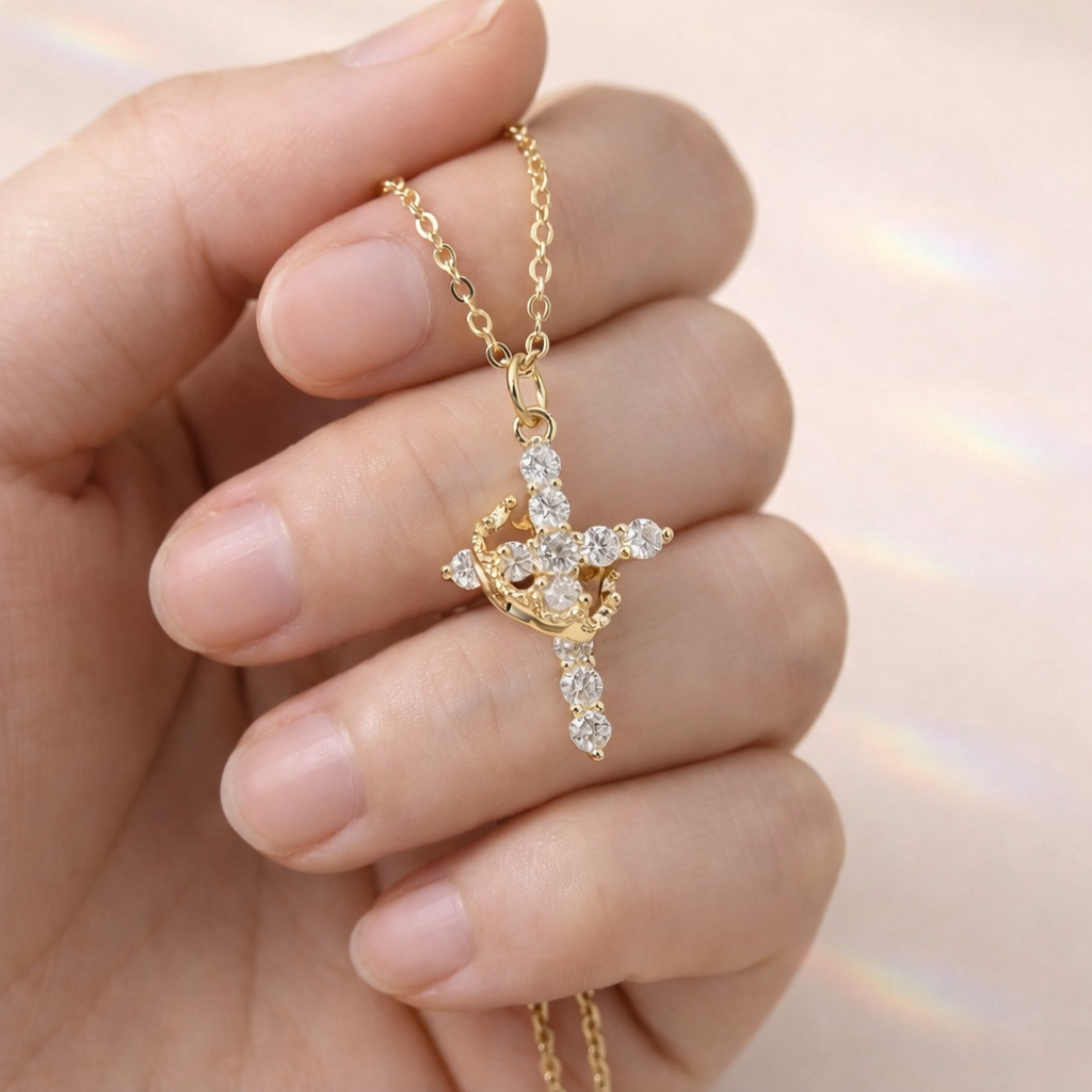 Moissanite Pendant In Cross And Crown Pendant Style With Yellow Gold Pendant
