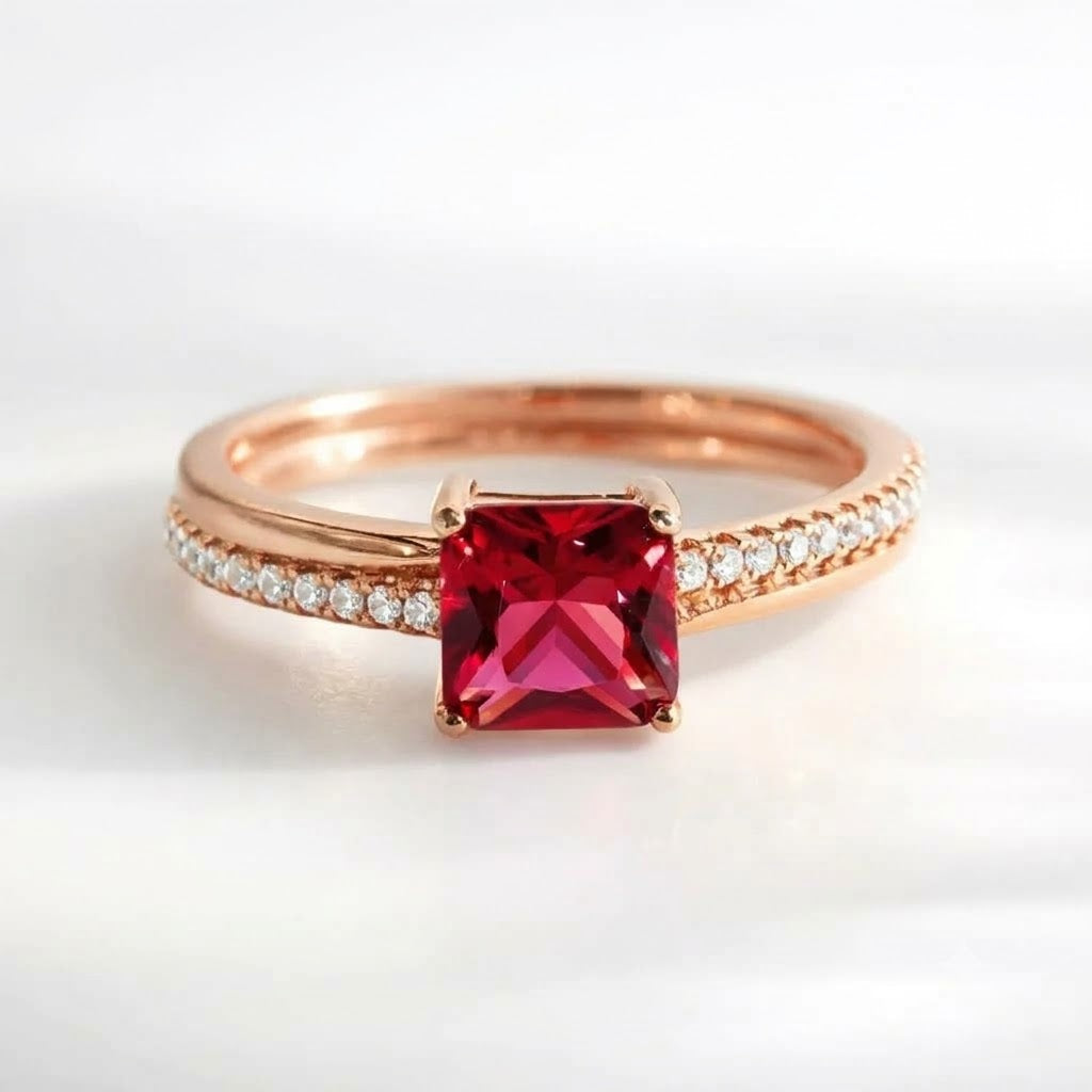 Rose gold ring featuring a square-cut red gemstone center stone and a pavé band with small clear accent stones, shown on a clean white background.