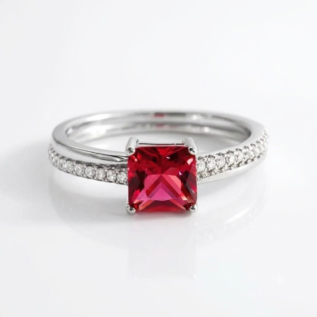 A silver ring featuring a prominent square-cut red gemstone in the center, with a pavé band set with small clear stones, shown on a reflective white surface.