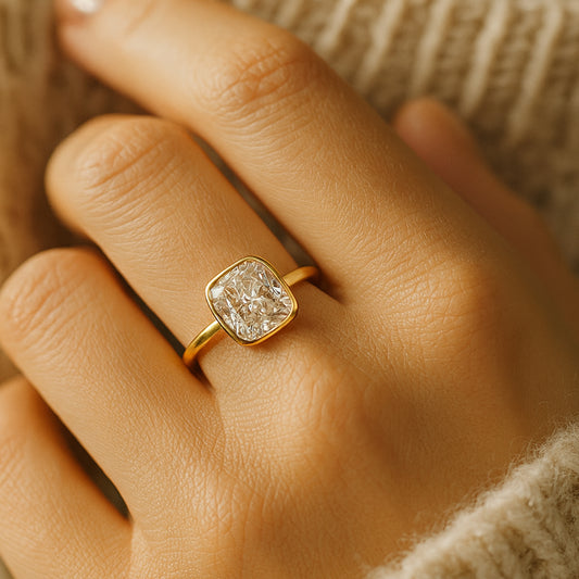 Yellow Gold Cushion Cut Diamond Solitaire Ring – Modern Bezel Setting
