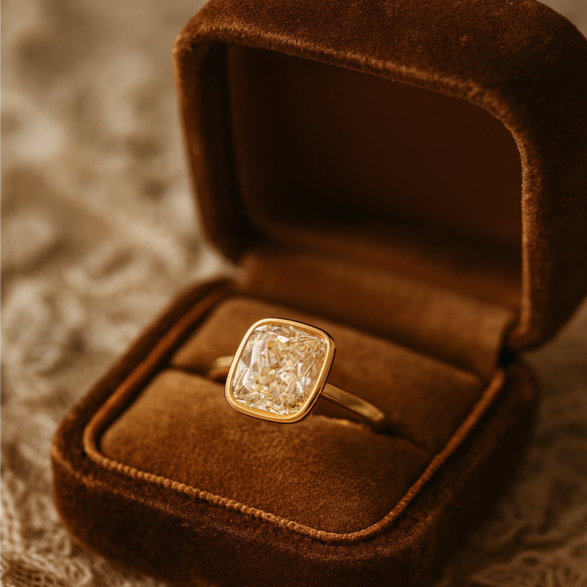 Yellow Gold Cushion Cut Diamond Solitaire Ring – Modern Bezel Setting
