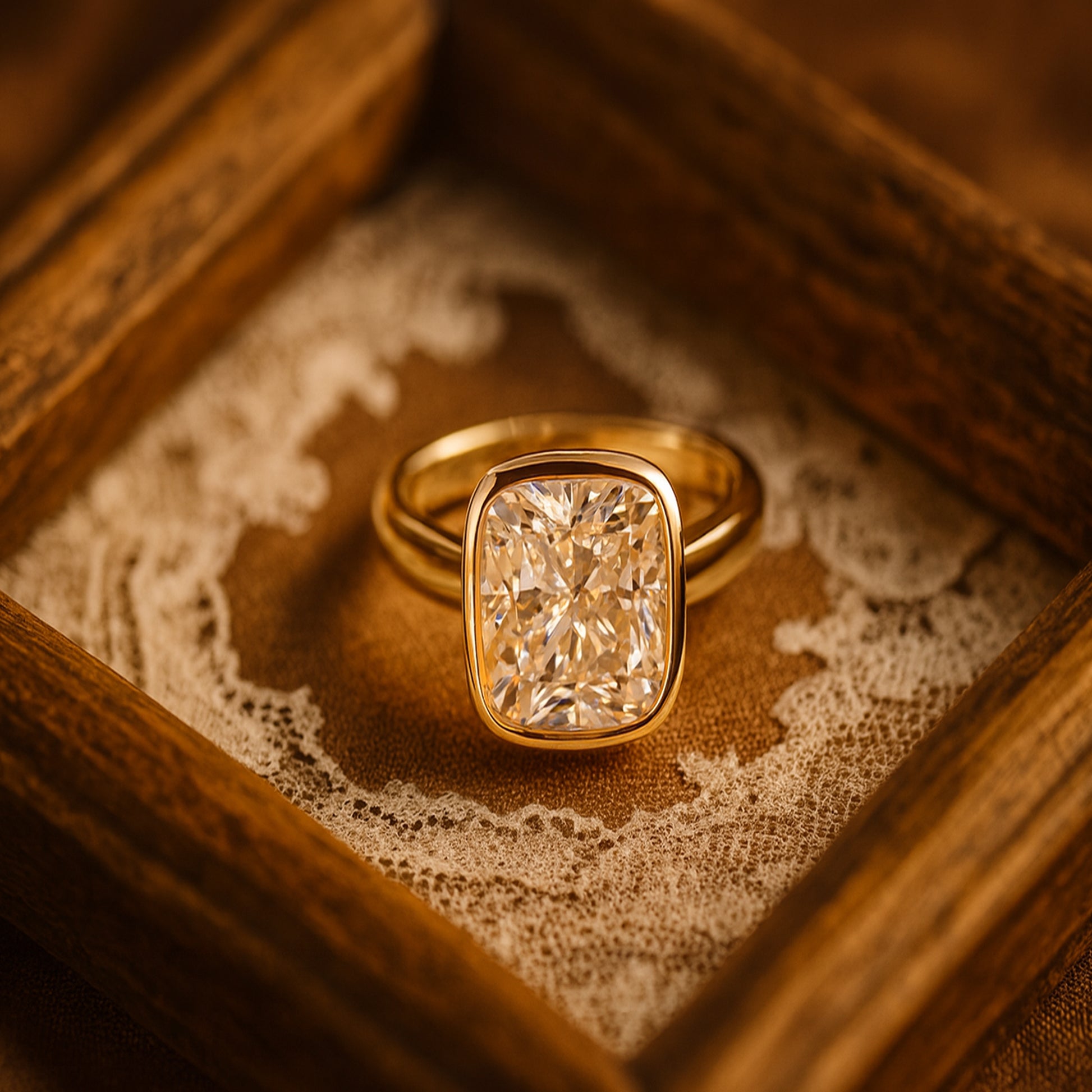 Yellow Gold Cushion Cut Diamond Solitaire Ring – Modern Bezel Setting
