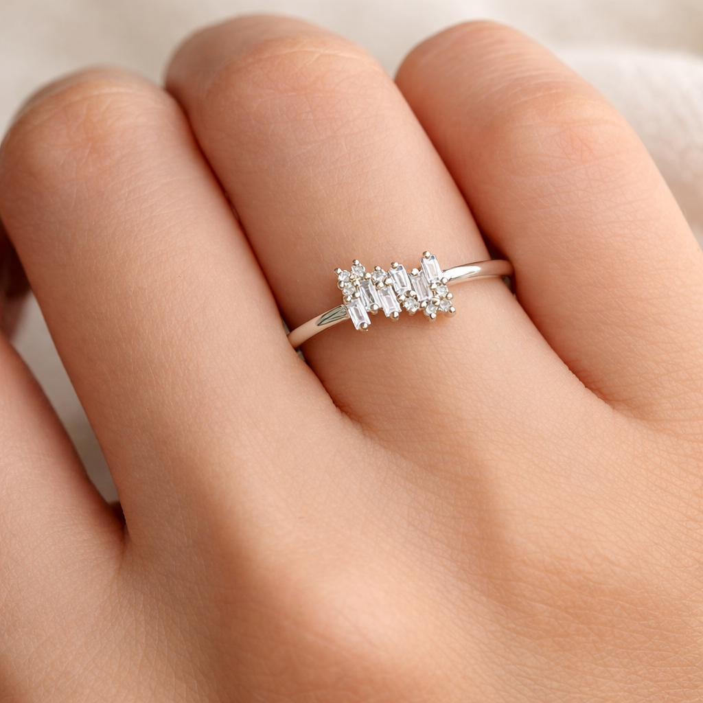 Baguette Diamond Engagement Ring Zig Zag Diamond Ring Gold Band.
