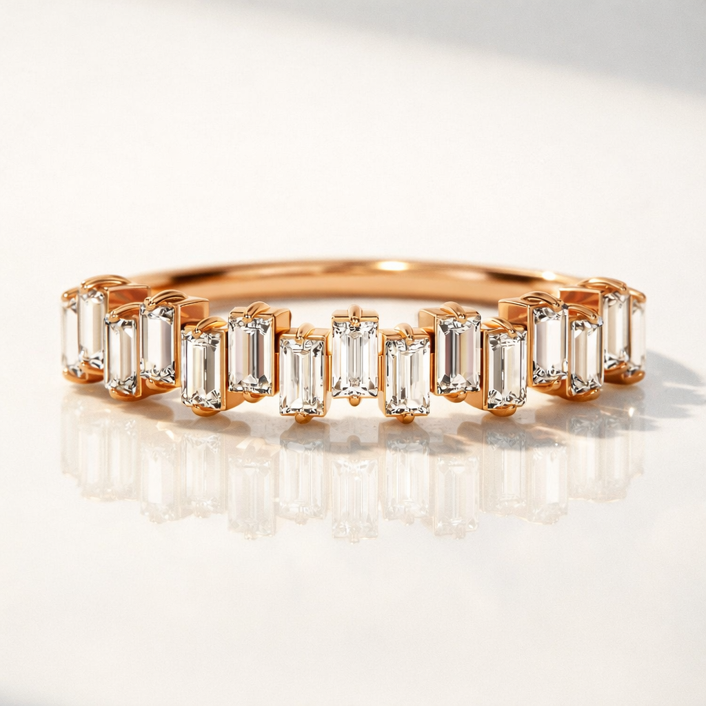 Rose Gold Zig Zag Baguette Cut Wedding Band With Elegant Finish
