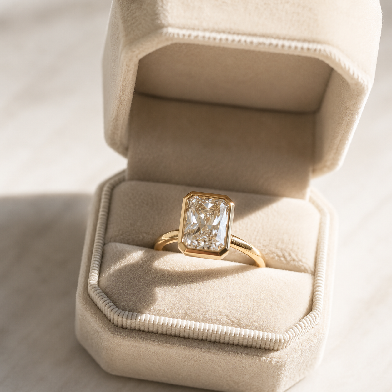 Bezel Set Moissanite Ring Radiant Cut Diamond Ring Yellow Gold.

