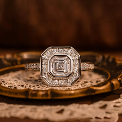 Promise Rings Asscher Cut Diamond Halo Anniversary 10K White Gold Ring